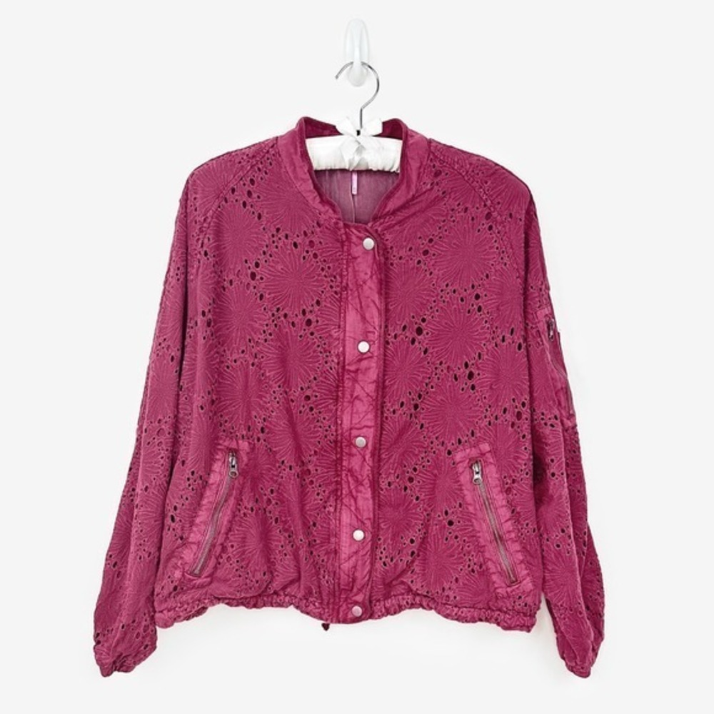 Free People Daisy Jane Bomber Jacket Size M Burgundy Cotton Eyelet‎ Boho